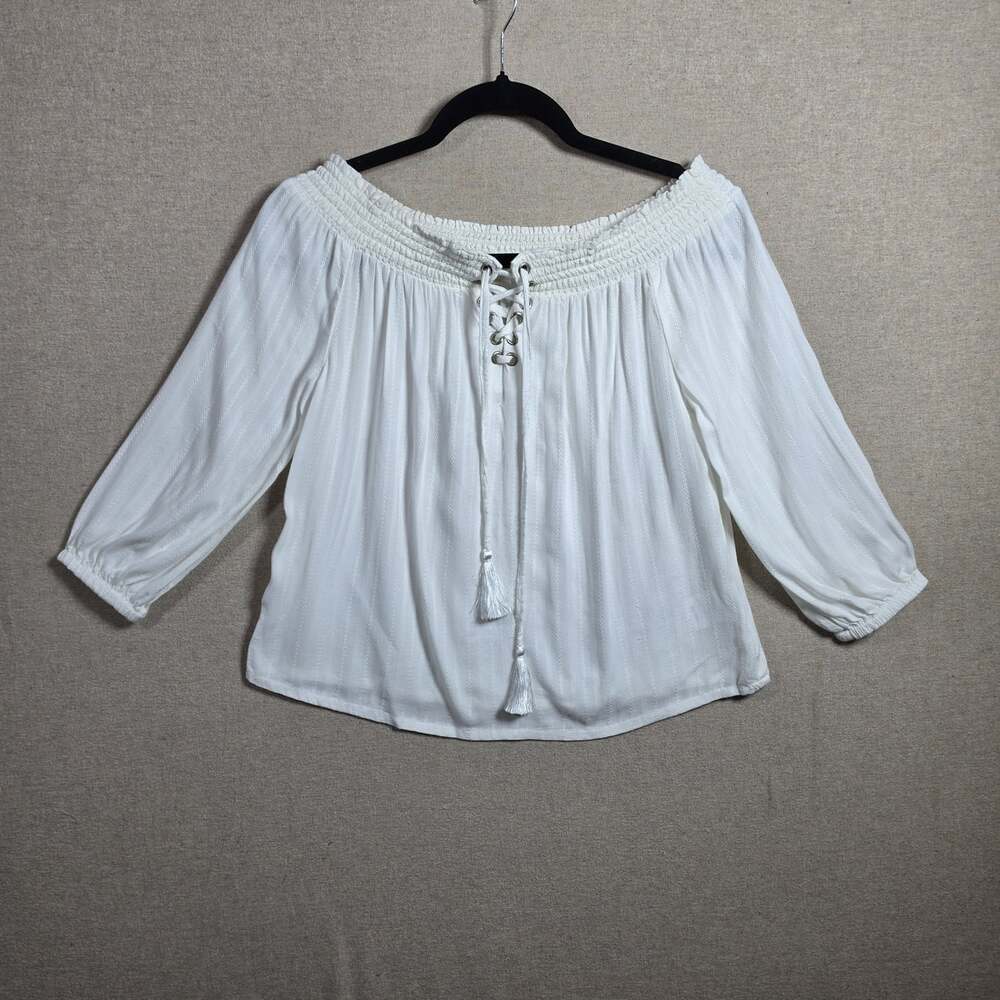 Lascana Venus Peasant Blouse Top Womens S White Ruched Laced Front Bohemian
